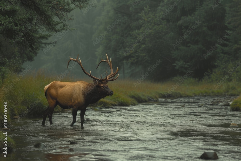 A majestic bull elk stands in a clear stream surrounded by lush greenery, embodying the tranquility of a misty forest in early morning light A majestic bull elk stands in a clear stream surrounded by lush greenery, embodying the tranquility of a misty forest in early morning light