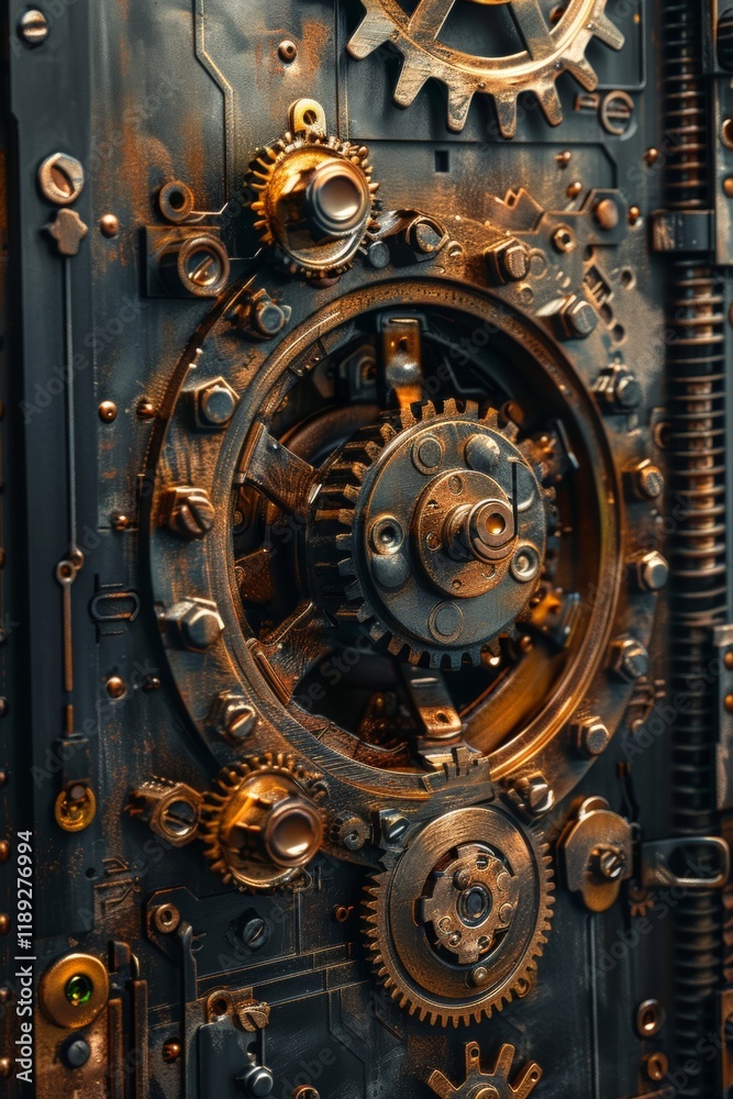 Fototapeta premium Intricate clockwork lock mechanism design industrial workshop close-up photography steampunk aesthetic
