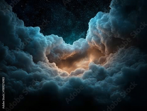 Dramatic sky with clouds and glowing light at night photo