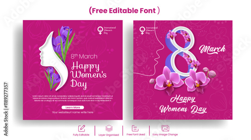 8 march women's day social media post banners ads template with realistic flower and female silhouette illustration background mothers day square flyer or poster invitation greetings spring card