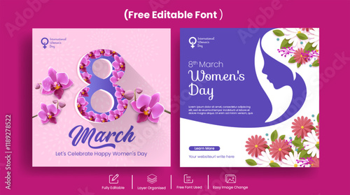 8 march women's day social media post banners ads template with realistic flower and female silhouette illustration background mothers day square flyer or poster invitation greetings spring card