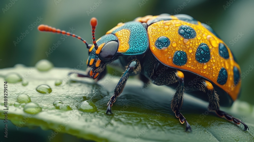A vibrant, macro shot of a colorful beetle with water droplets on a leaf. A vibrant, macro shot of a colorful beetle with water droplets on a leaf.