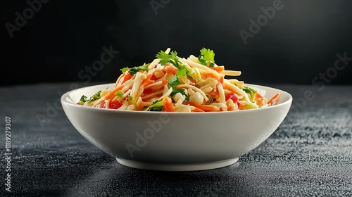 Photograph of coleslaw in a white bowl on a dark background