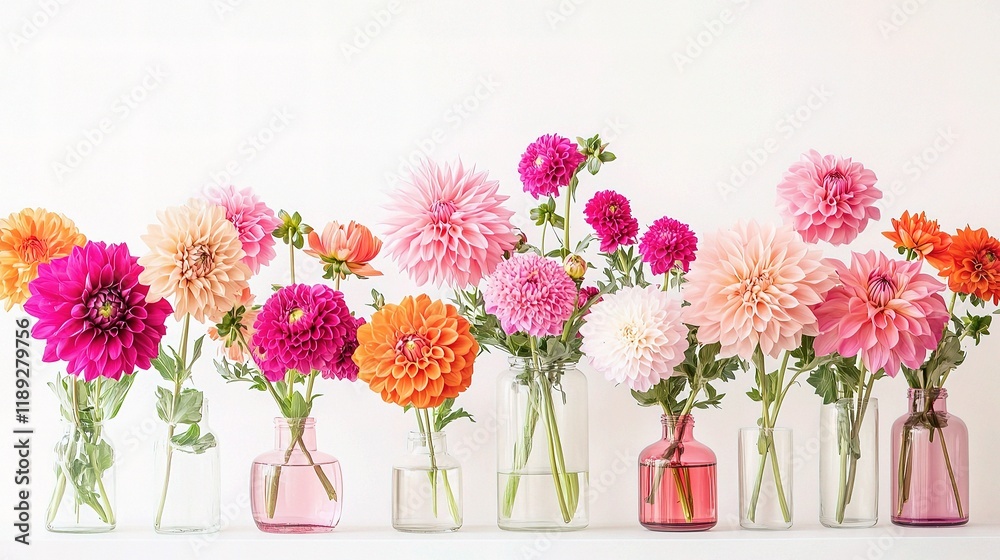 Obraz premium Colorful Arrangement of Pink and Orange Dahlias in Vases