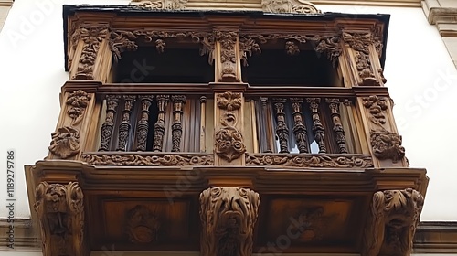 Ornate Wooden Balcony Architectural Detailing photo