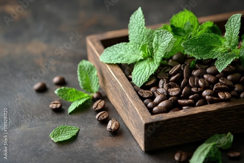 coffee beans and fresh mint in a wooden container