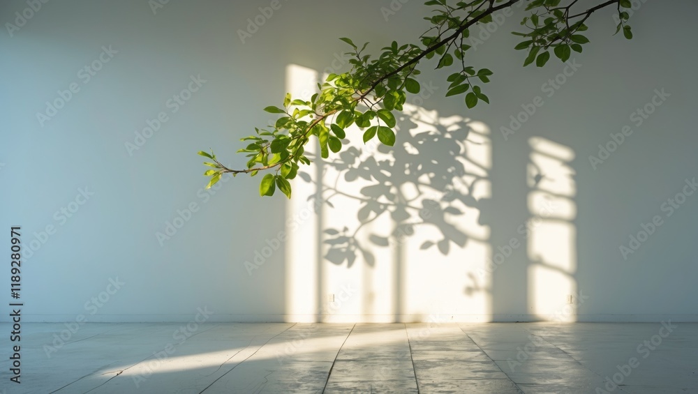 Obraz premium Sunlit green branch shadow on white background