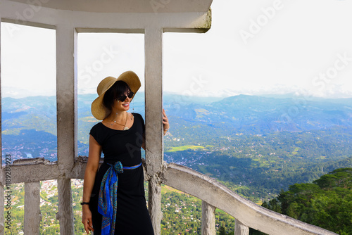 Woman in hat at Ambuluwa Tower in Sri Lanka. Interesting and popular places in Sri Lanka photo