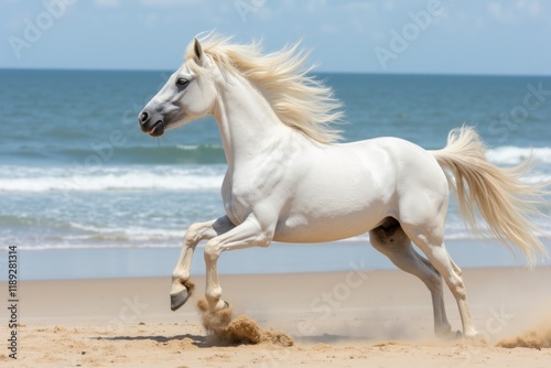 Majestic White Horse Galloping on a Sandy Beach photo