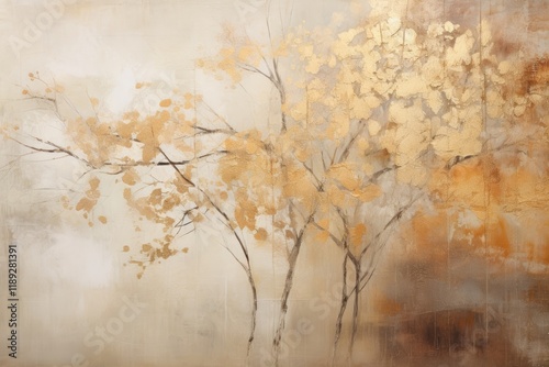 A serene landscape featuring delicate trees adorned with golden leaves amidst a soft, earthy backdrop, capturing the essence of autumn tranquility