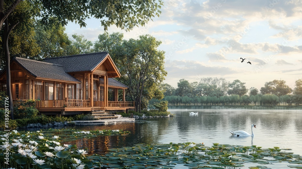 Fototapeta premium Tranquil Wooden Cottage by Serene Lake with Lush Green Surroundings