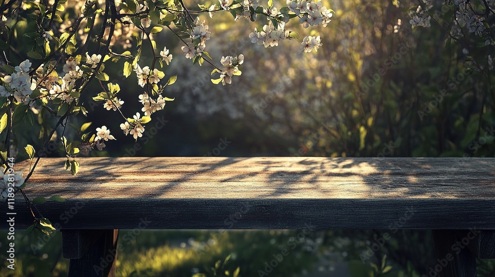 Naklejka premium Lush Spring Scene with Flowers and Sunlight on Outdoor Bench