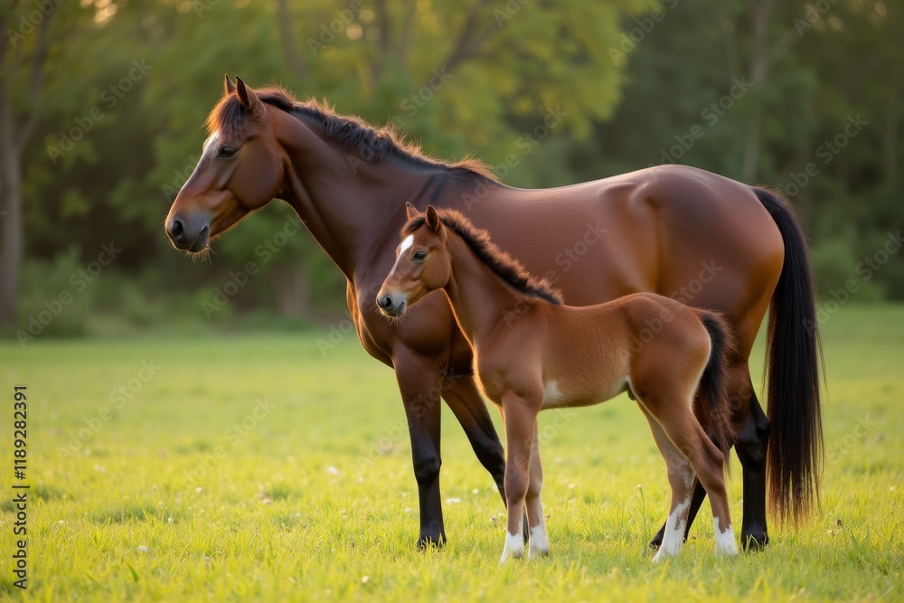 Fototapeta premium Mother Horse and Foal in a Sunlit Field at Sunset