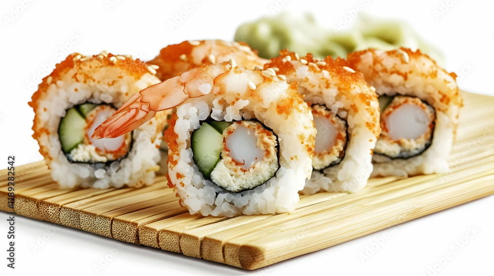 Delicious Shrimp Tempura Sushi Rolls on Bamboo Mat Delicious Shrimp Tempura Sushi Rolls on Bamboo Mat