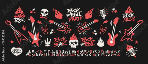 Rock Music and Punk Doodle signs collection for Rock Party and apparel print, pattern design. Rock n Roll pattern element set of guitar, skull, fire or flame, microphone, crown, font type, etc (set 1)