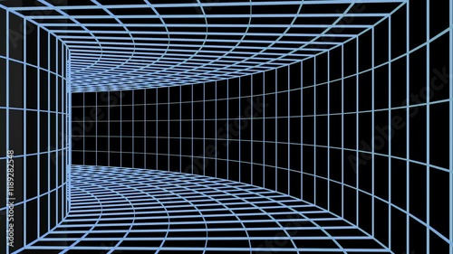 Light Blue Gridded Rectangular Tunnel with a Dynamic Perspective Shift on a Black Background