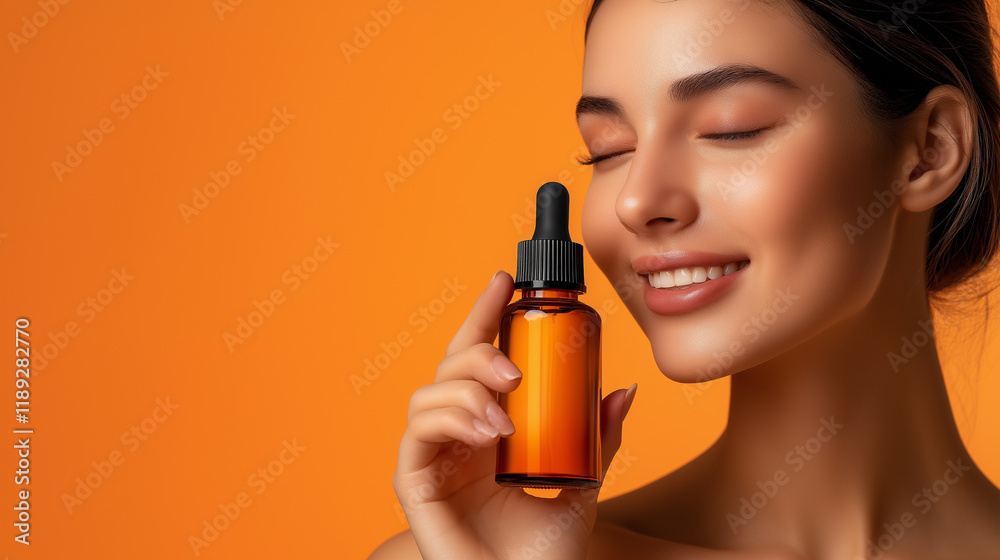 Smiling woman holding amber glass serum bottle against orange background, skincare product promotion emphasizing radiant healthy skin and beauty concepts Smiling woman holding amber glass serum bottle against orange background, skincare product promotion emphasizing radiant healthy skin and beauty concepts