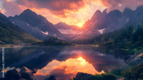 Fototapeta Naklejka Na Ścianę i Meble -  Tatra National Park lake in the mountains at dawn in Poland