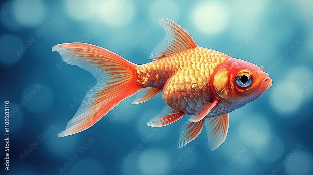 A vibrant goldfish swimming gracefully in a blurred blue background. A vibrant goldfish swimming gracefully in a blurred blue background.