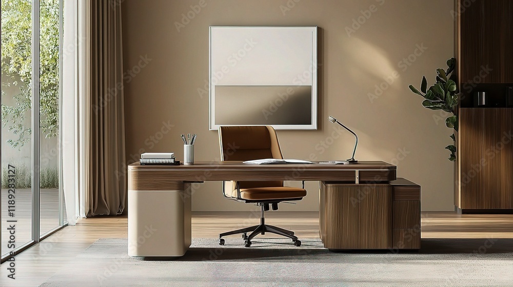 Fototapeta premium Modern Workspace Mockup Featuring Elegant Desk Setup with Chair