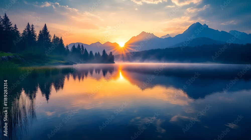 Tatra National Park lake in the mountains at dawn in Poland Tatra National Park lake in the mountains at dawn in Poland