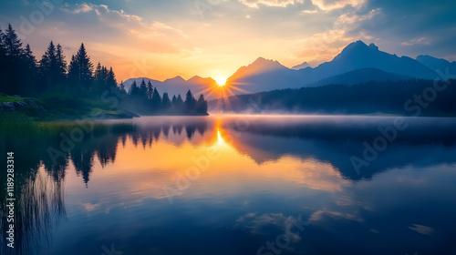 Fototapeta Naklejka Na Ścianę i Meble -  Tatra National Park lake in the mountains at dawn in Poland
