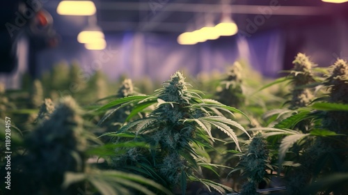 A photo of a cannabis plant in a greenhouse