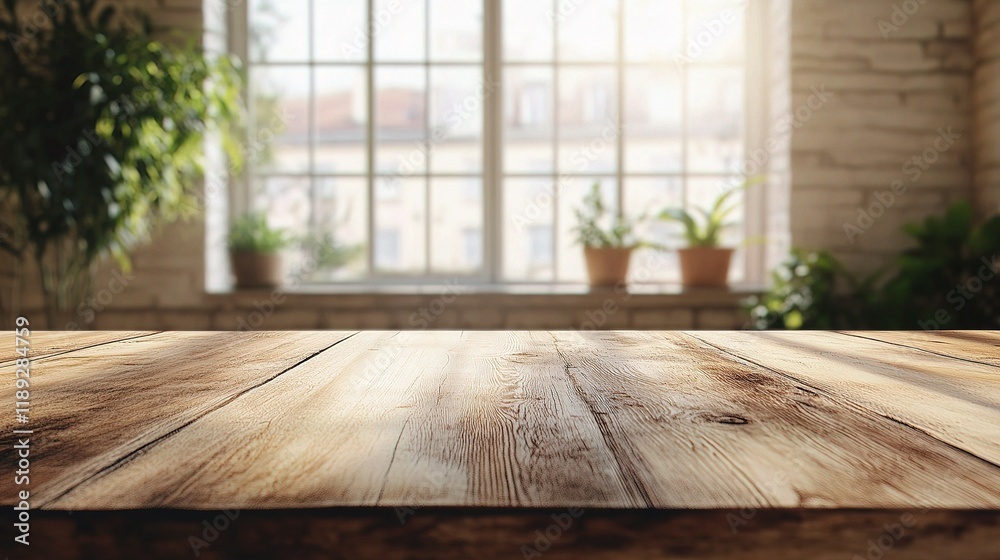 Light Wooden Table in Cozy Office with Panoramic Window View Light Wooden Table in Cozy Office with Panoramic Window View