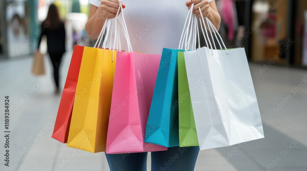 A joyful woman strolls down a bustling street laden with colorful shopping bags, embodying the thrill of a successful shopping spree. A joyful woman strolls down a bustling street laden with colorful shopping bags, embodying the thrill of a successful shopping spree.