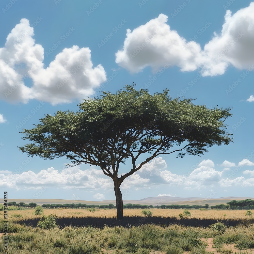 Majestic Acacia Tree Stands Tall in the African Savannah Landscape Majestic Acacia Tree Stands Tall in the African Savannah Landscape