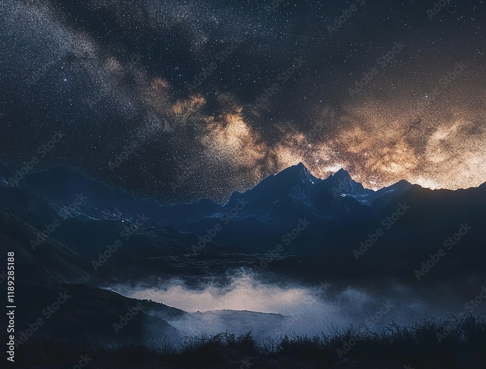 Naklejka premium A panoramic view of the Milky Way over misty mountains, with stars twinkling in the night sky. 