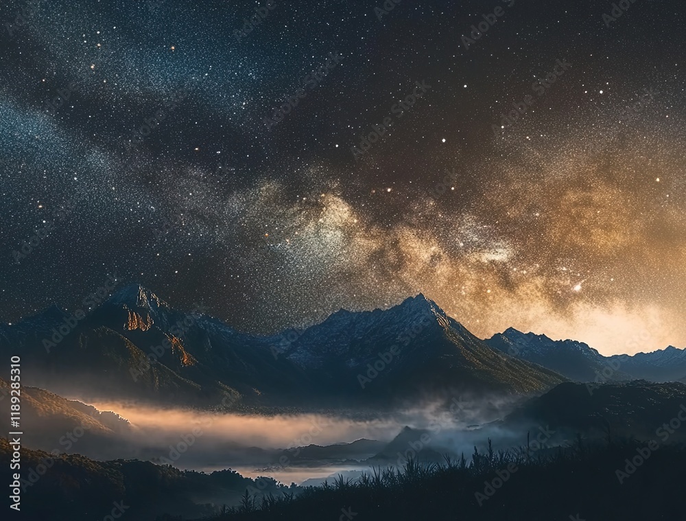 A panoramic view of the Milky Way over misty mountains, with stars twinkling in the night sky. A panoramic view of the Milky Way over misty mountains, with stars twinkling in the night sky.