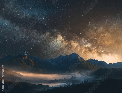 A panoramic view of the Milky Way over misty mountains, with stars twinkling in the night sky. 