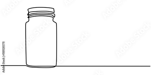 Medicine container, pill bottle, vitamins and supplements jar. Pharmaceutical packaging. One line continuous drawing vector illustration, Blank bottle, Glass canning jar in continuous line art drawing