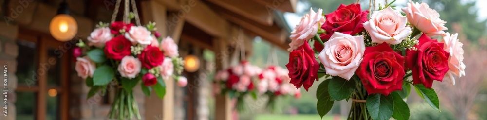 Red rose and white carnation flower arrangement hanging from a wooden beam, bouquet, pink Red rose and white carnation flower arrangement hanging from a wooden beam, bouquet, pink
