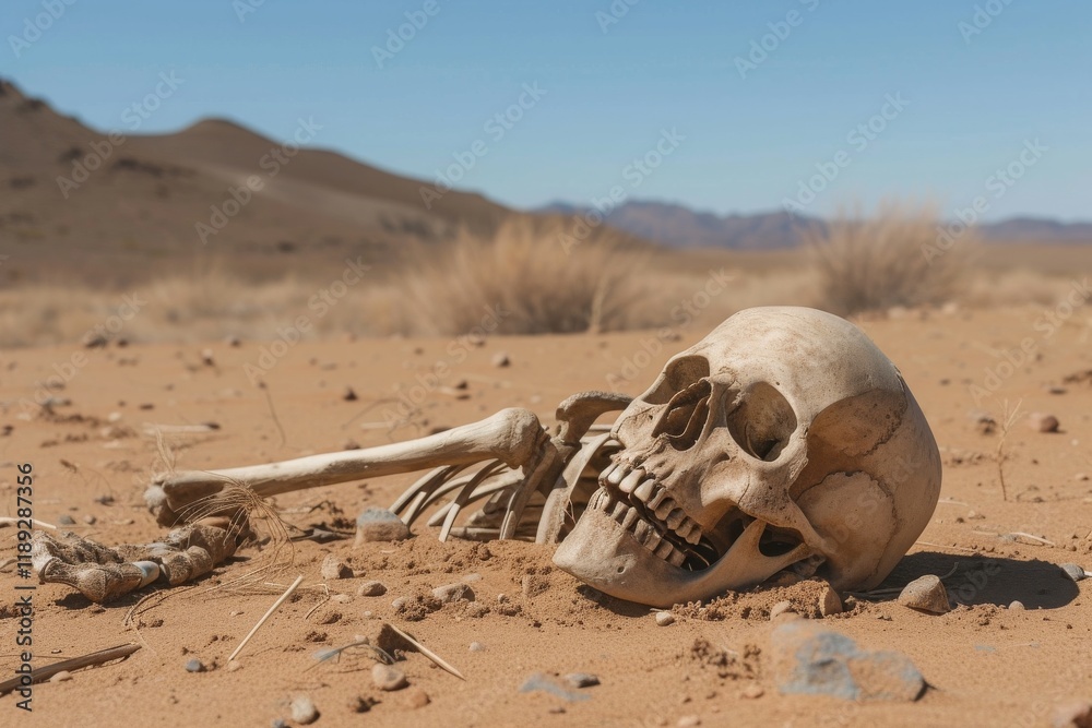 Obraz premium A skeleton lies in the stark desert landscape, a chilling reminder of environmental pollution and the harsh realities of nature's survival