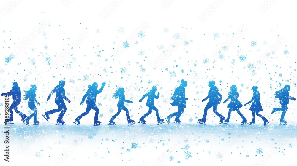 Obraz premium Vector illustration of a line of people skating over white background.