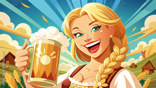 Oktoberfest Cheers in the Sun. Woman with Beer Stein. A close-up of a young woman with blonde hair and fair skin, holding large beer stein and smiling