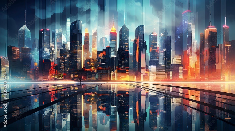 A photo of a cityscape with colorful skyscrapers A photo of a cityscape with colorful skyscrapers