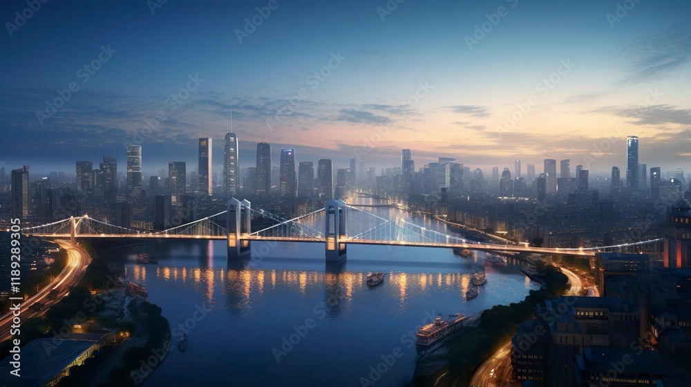 Fototapeta premium A photo of a cityscape with illuminated bridges