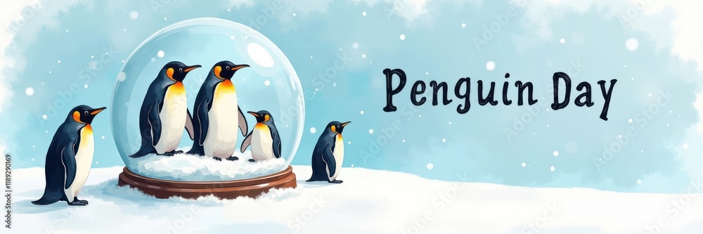 Fototapeta premium Celebrating penguin day festive penguins in a snow globe winter wonderland whimsical scene for nature lovers
