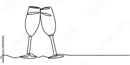 Celebratory Toast Continuous Line Art Illustration, One line champagne toast. Continuous linear couple wine glasses clink. Wedding party cheers. Minimalist new year celebration vector concept. 