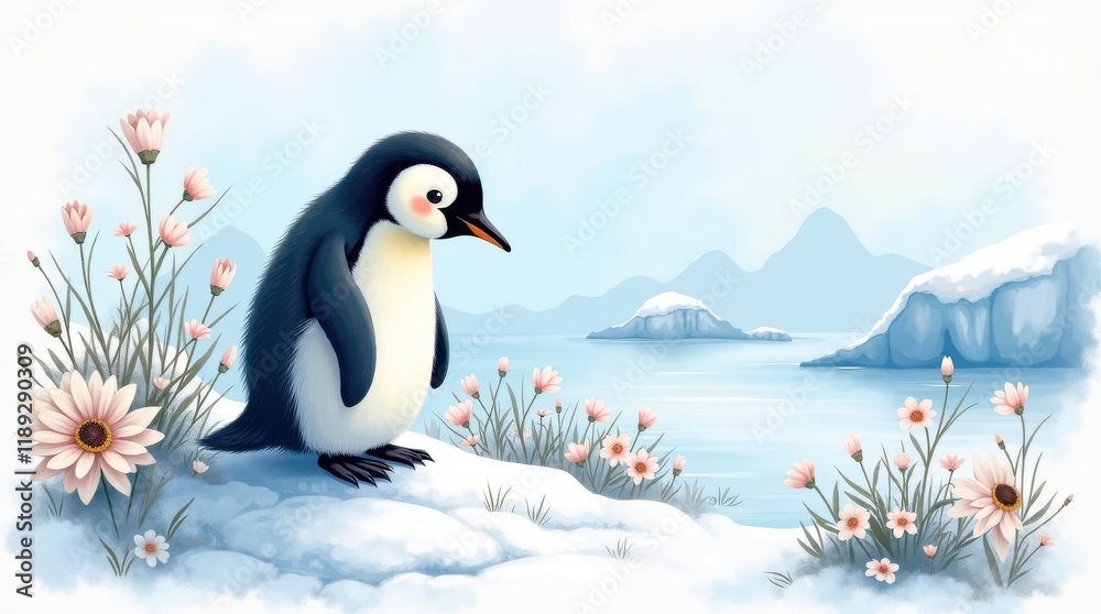 Naklejka premium Celebrating penguin day with adorable penguins amidst scenic ice and flowers nature's beauty arctic bliss