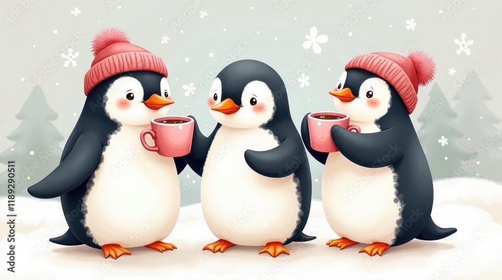 Fototapeta premium Penguin day celebration with friends winter wonderland digital art cozy environment cheerful viewpoint