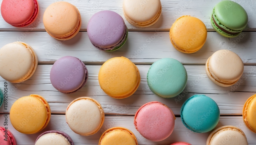 Obraz premium Vibrant macarons displayed on rustic wooden surface