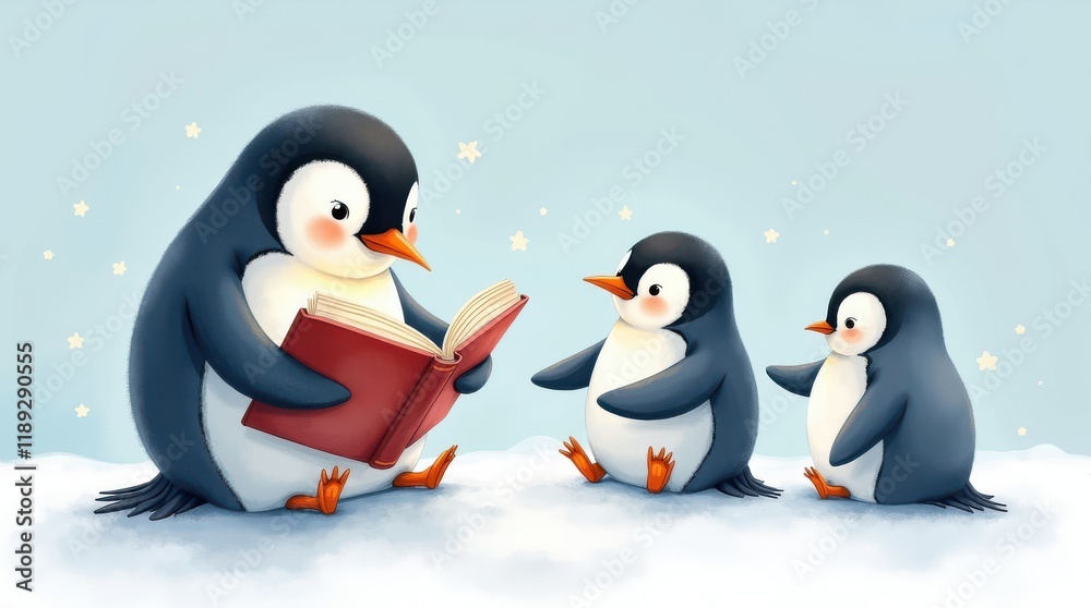 Fototapeta premium Penguin day celebration adorable penguins reading together in a snowy wonderland whimsical illustration
