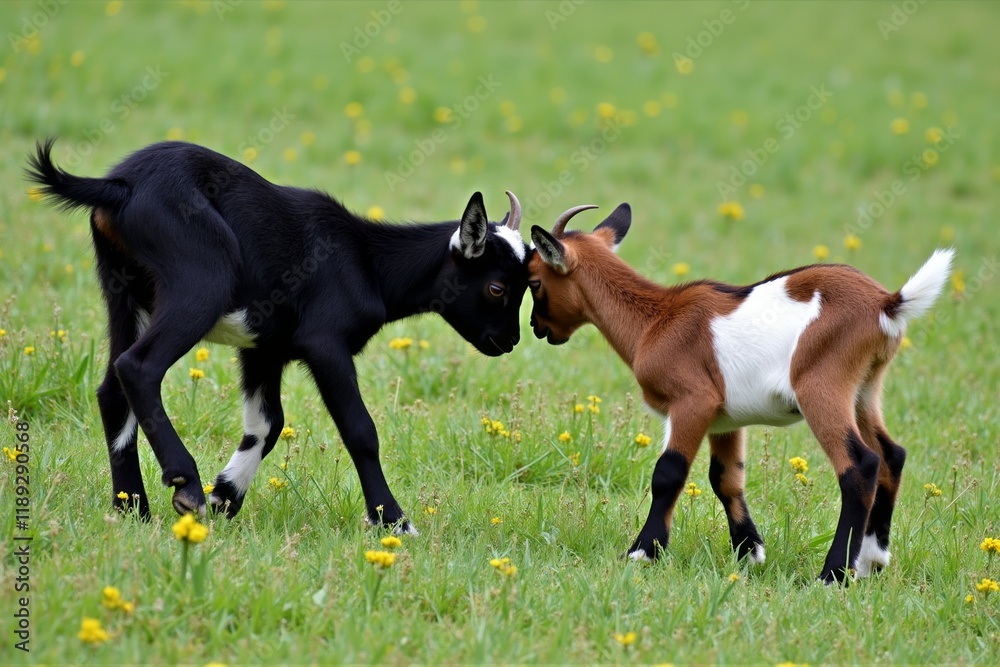 Playful Goats in a Flower-Dotted Field Playful Goats in a Flower-Dotted Field
