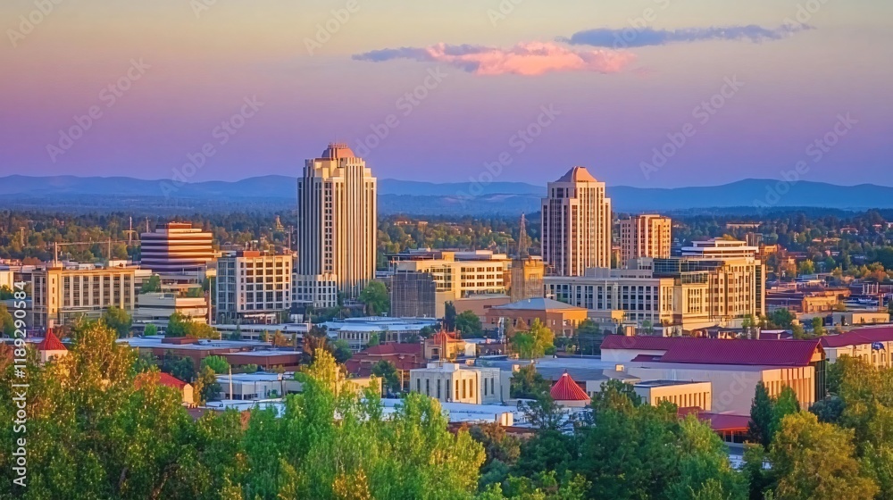 Obraz premium Stunning Sunset Panorama of Modern City Skyline