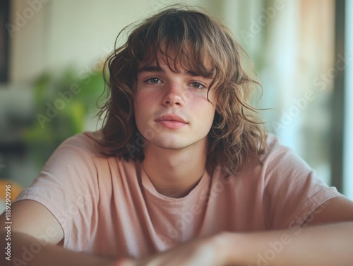 young person with long hair wearing pink shirt