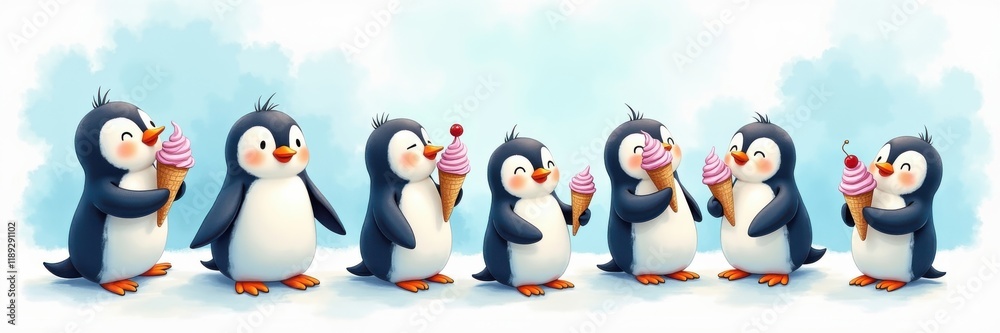 Naklejka premium Playful penguins enjoying ice cream on penguin day colorful celebration whimsical atmosphere fun perspective